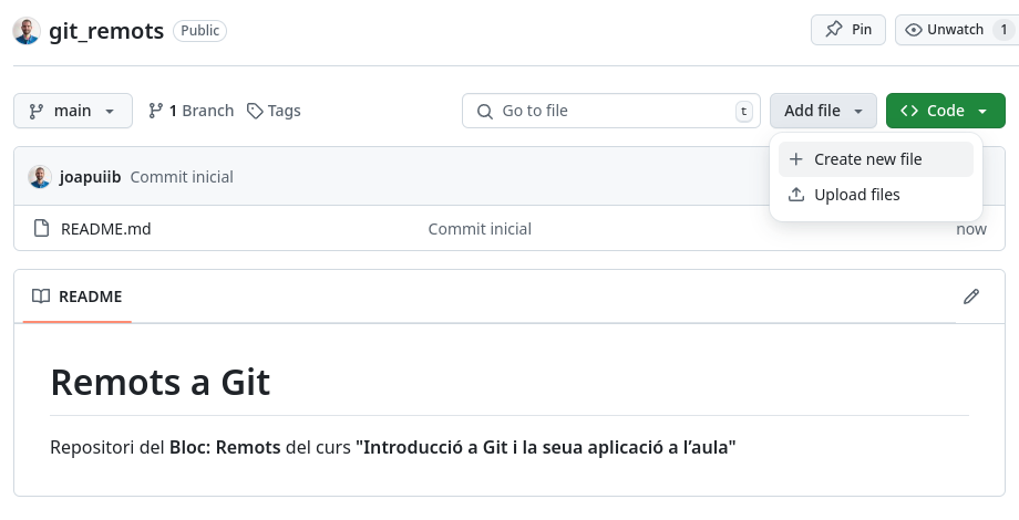 Crear un nou fitxer a GitHub