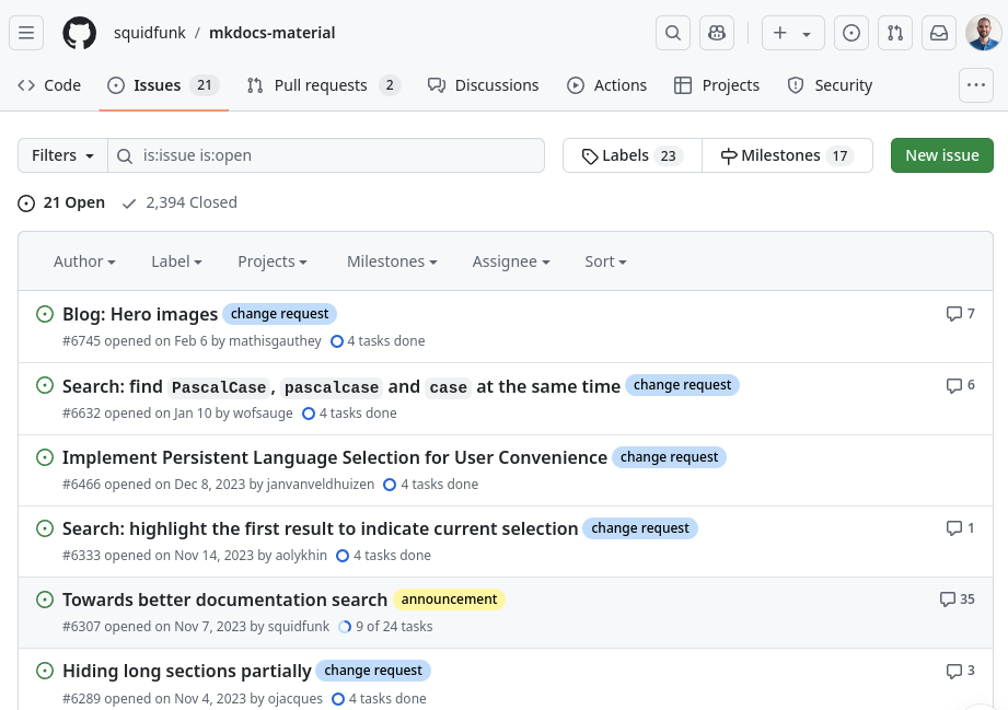 Exemple d'incidències en un repositori de GitHub