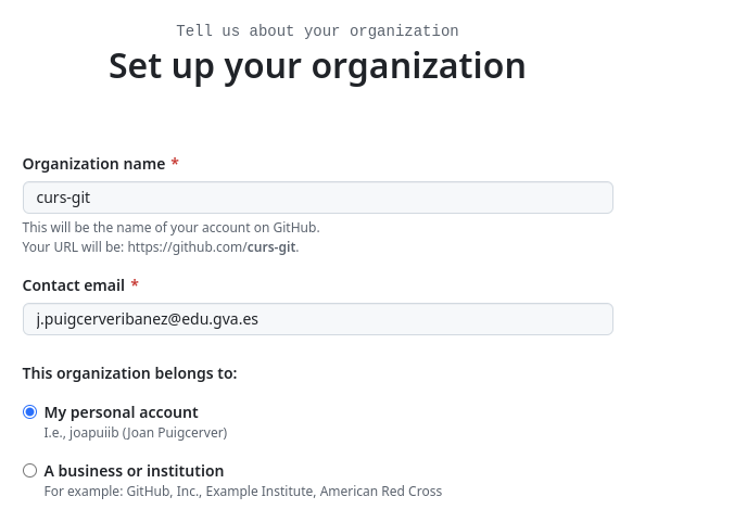 Formulari per a crear una organització