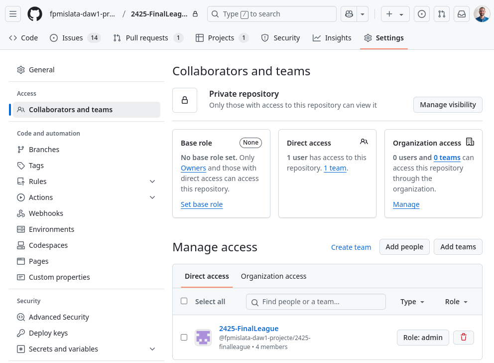 Assignació a l'equip com col·laboradors del repositori