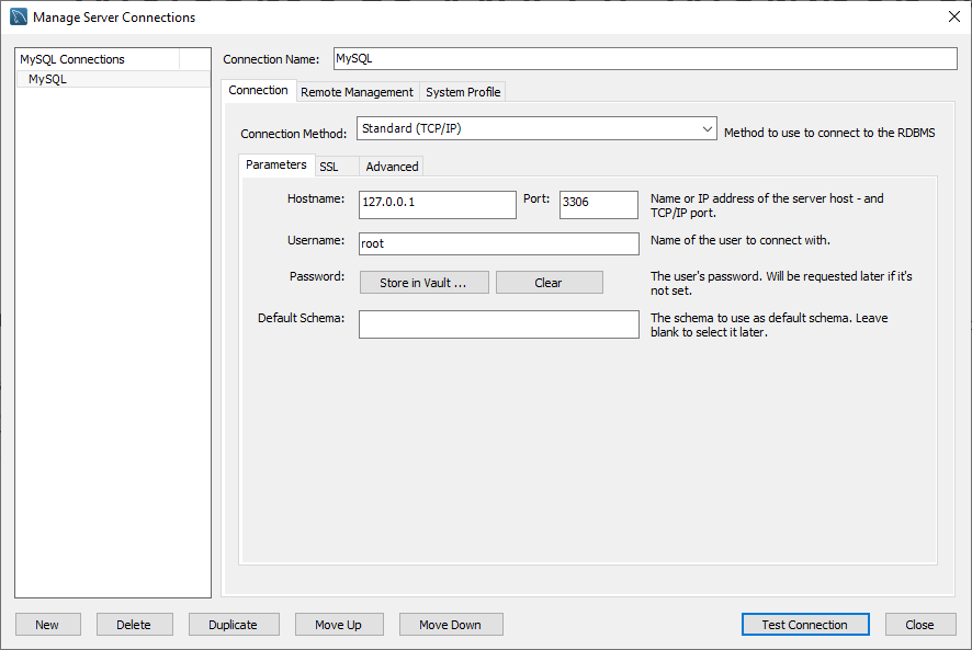 MySQL Workbench Mannage Connection